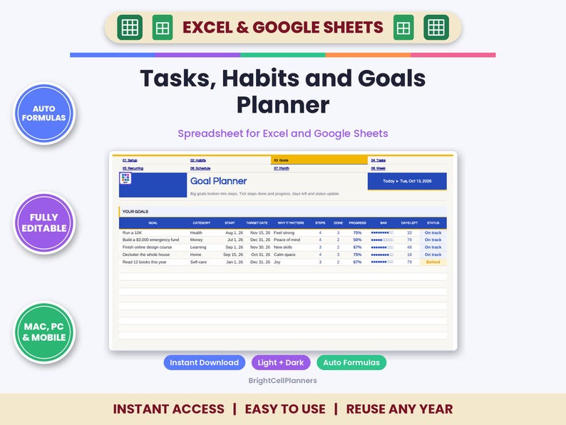 May include: A digital Tasks, Habits and Goals Planner spreadsheet for Excel and Google Sheets. The interface displays a goal tracking table with columns for goal, category, start, target date, steps, done, progress, and status. Includes text labels for auto formulas, fully editable, and mac, pc, and mobile compatibility.