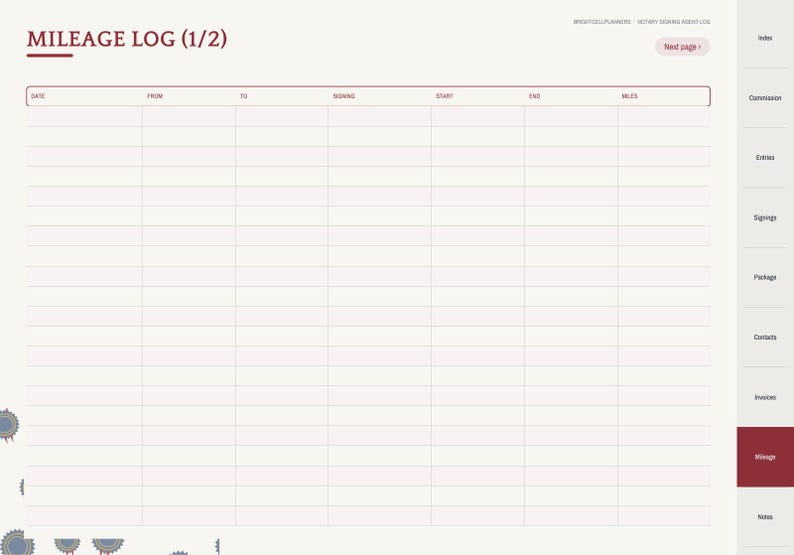 May include: A digital mileage log template with a cream background and dark red text. The header reads MILEAGE LOG (1/2) and includes columns for date, from, to, signing, start, end, and miles. A sidebar lists navigation tabs including index, commission, entries, signings, package, contacts, invoices, mileage, and notes.