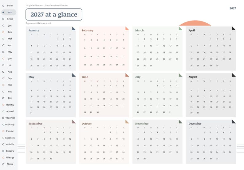 May include: A digital 2027 calendar planner interface titled 2027 at a glance. The layout features twelve monthly grids with a sidebar navigation menu containing labels like Index, Setup, Properties, Bookings, Income, Expenses, and Notes.