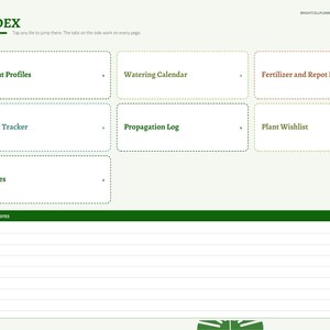 May include: A digital houseplant care journal index page featuring a sidebar with navigation tabs and a main area with clickable tiles labeled Plant Profiles, Watering Calendar, Fertilizer and Repot Log, Pest Tracker, Propagation Log, Plant Wishlist, and Notes, plus a lined Quick Notes section.