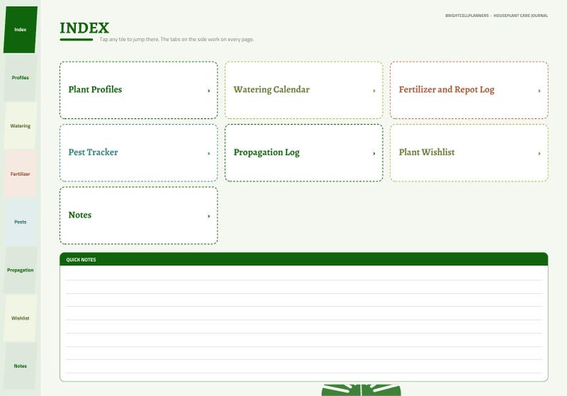 May include: A digital houseplant care journal index page featuring a sidebar with navigation tabs and a main area with clickable tiles labeled Plant Profiles, Watering Calendar, Fertilizer and Repot Log, Pest Tracker, Propagation Log, Plant Wishlist, and Notes, plus a lined Quick Notes section.