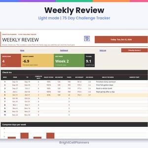 Może przedstawiać: Cyfrowy interfejs arkusza kalkulacyjnego Weekly Review 75 Day Challenge Tracker. Układ zawiera pulpit nawigacyjny z danymi dotyczącymi ukończonych tygodni, zmiany wagi, najlepszego tygodnia i postęp&oacute;w, a także szczeg&oacute;łową tabelę kontrolną.