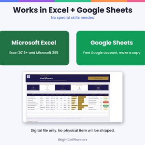 Puede incluir: Una plantilla de hoja de c&aacute;lculo digital para planificar objetivos, compatible con Microsoft Excel 2016+, Microsoft 365 y Google Sheets. La interfaz incluye un encabezado azul oscuro, tablas de datos y barras de estado.
