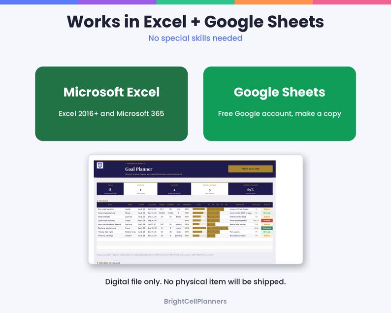 Puede incluir: Una plantilla de hoja de c&aacute;lculo digital para planificar objetivos, compatible con Microsoft Excel 2016+, Microsoft 365 y Google Sheets. La interfaz incluye un encabezado azul oscuro, tablas de datos y barras de estado.