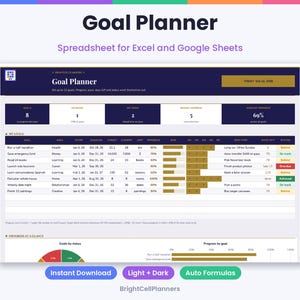 May include: A digital goal planner spreadsheet for Excel and Google Sheets featuring a dark blue header with the text Goal Planner, summary statistics, and a detailed table tracking goals, deadlines, progress bars, and status updates.