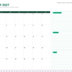 May include: A digital January 2027 monthly calendar planner page with a dark green header, a grid for dates, and three sections labeled Focus This Month, Key Dates, and Notes. A sidebar lists navigation tabs including Index and Jan.
