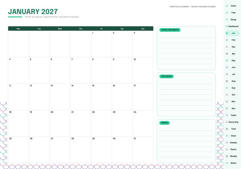 May include: A digital January 2027 monthly calendar planner page with a dark green header, a grid for dates, and three sections labeled Focus This Month, Key Dates, and Notes. A sidebar lists navigation tabs including Index and Jan.