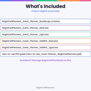Puede incluir: Una lista de archivos digitales titulada What's Included, que incluye BrightCellPlanners_Event_Planner_Bundle.zip, BrightCellPlanners_Event_Planner_Dark.xlsx, BrightCellPlanners_Event_Planner_Light.xlsx y una gu&iacute;a en PDF.