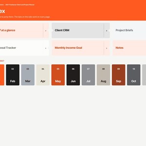 May include: A digital planner index page for 2027 featuring an orange header with the text Index and 2027. The layout includes navigation tiles for Client CRM, Project Briefs, Proposal Tracker, Monthly Income Goal, and Notes, plus a row of twelve monthly buttons in various colors.