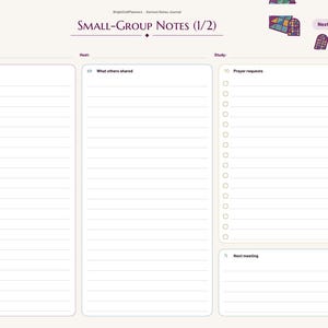 May include: A digital planner page titled Small-Group Notes (1/2) with sections for Date, Host, and Study. It features three columns: Discussion questions with 23 numbered lines, What others shared with lines, and Prayer requests with checkboxes.