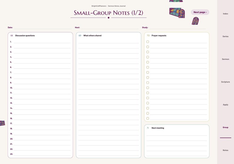 May include: A digital planner page titled Small-Group Notes (1/2) with sections for Date, Host, and Study. It features three columns: Discussion questions with 23 numbered lines, What others shared with lines, and Prayer requests with checkboxes.