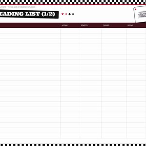 May include: A digital reading list planner page with a black and white checkered border. The header reads READING LIST (1/2) with card suit icons. Columns include Title, Author, Started, Finished, Rating, and Loved It with checkboxes.