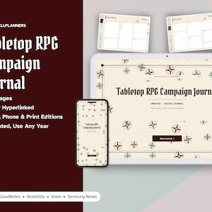 May include: A digital tabletop RPG campaign journal displayed on a tablet and smartphone screen. The cream-colored interface features a compass rose pattern, the text Tabletop RPG Campaign Journal, and navigation buttons. Includes 22 pages.