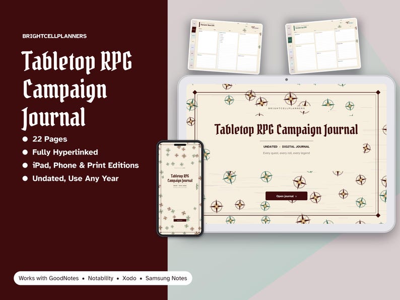 May include: A digital tabletop RPG campaign journal displayed on a tablet and smartphone screen. The cream-colored interface features a compass rose pattern, the text Tabletop RPG Campaign Journal, and navigation buttons. Includes 22 pages.