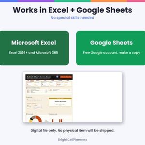 May include: A digital spreadsheet template featuring the text Works in Excel + Google Sheets, Microsoft Excel, and Google Sheets. It displays a preview of a financial planner titled Robin & Theo's Screen Room with charts and data fields.