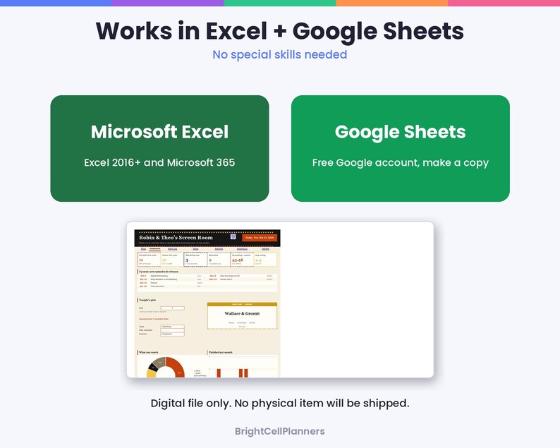 May include: A digital spreadsheet template featuring the text Works in Excel + Google Sheets, Microsoft Excel, and Google Sheets. It displays a preview of a financial planner titled Robin & Theo's Screen Room with charts and data fields.