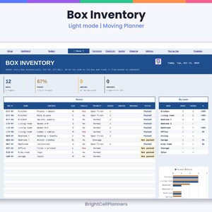 May include: A digital Box Inventory moving planner interface in light mode. The dashboard displays box counts, packing percentages, and a detailed table listing box IDs, room locations, contents, sizes, fragility, priority, and packing status.