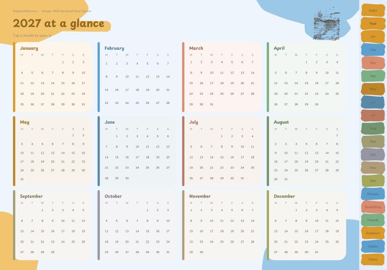 May include: A digital 2027 calendar planner page featuring twelve monthly grids arranged in a four-by-three layout. The header reads 2027 at a glance. A vertical navigation bar with colored tabs is on the right side of the light blue background.