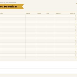 May include: A digital planner page titled Application Deadlines for 2026-27. The layout features a table with columns for college, plan, deadline, essays, recs, transcript, and submitted checkboxes, plus a bottom section for notes.