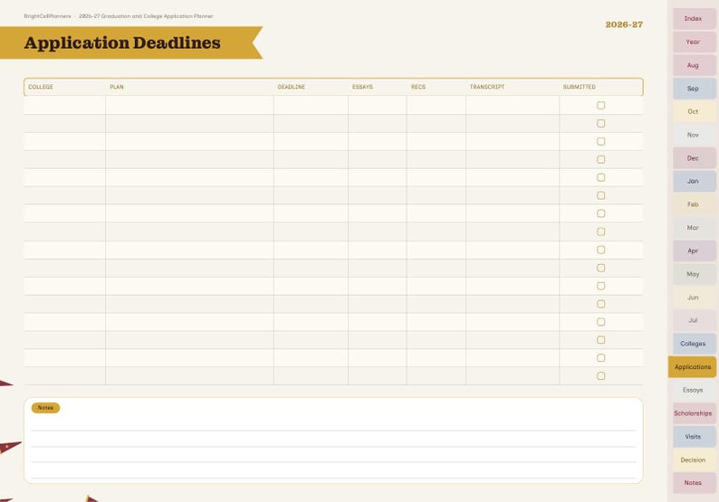 May include: A digital planner page titled Application Deadlines for 2026-27. The layout features a table with columns for college, plan, deadline, essays, recs, transcript, and submitted checkboxes, plus a bottom section for notes.