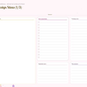 May include: A digital planner page titled Design Ideas (1/3) with a light pink background. It features sections for a sketch, colors and products with checkboxes, technique notes, inspiration source, and time and price, plus a side navigation bar.