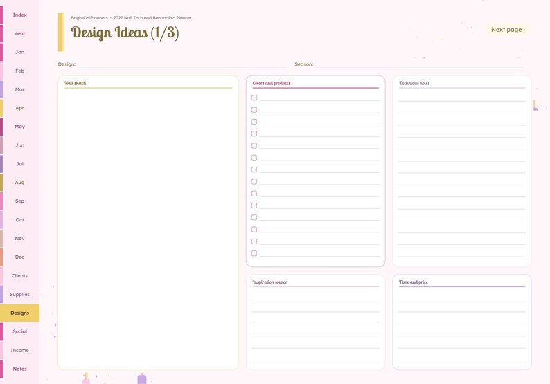 May include: A digital planner page titled Design Ideas (1/3) with a light pink background. It features sections for a sketch, colors and products with checkboxes, technique notes, inspiration source, and time and price, plus a side navigation bar.