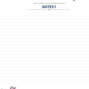 May include: A digital planner page titled NOTES 1 with horizontal lines for writing. The left side features a vertical navigation bar with colorful tabs labeled Index, Year, Jan through Dec, Day Pages, Medications, Contacts, Birthdays, and Notes.