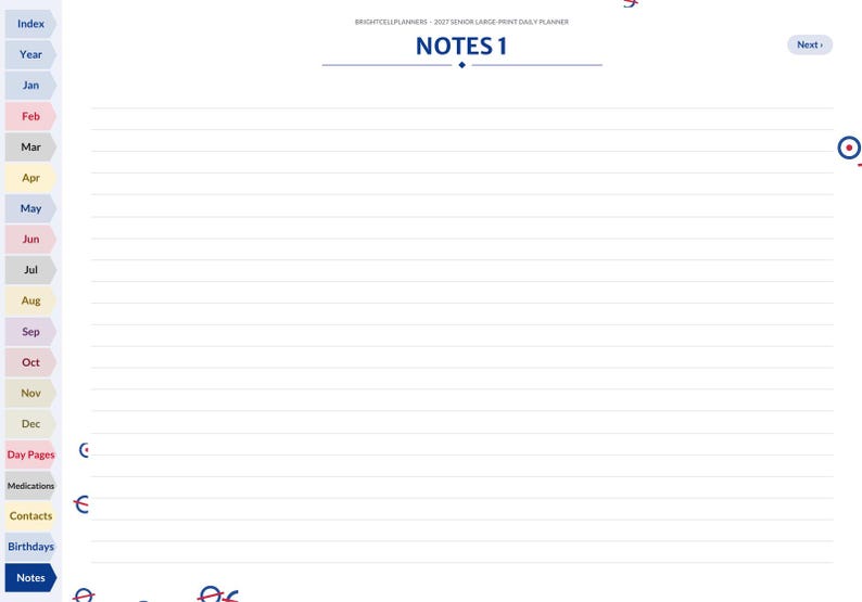 May include: A digital planner page titled NOTES 1 with horizontal lines for writing. The left side features a vertical navigation bar with colorful tabs labeled Index, Year, Jan through Dec, Day Pages, Medications, Contacts, Birthdays, and Notes.