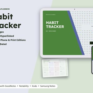 May include: A digital habit tracker planner featuring 35 pages, fully hyperlinked, dated for 2027, and compatible with iPad, phone, and print editions. The interface displays green and white layouts with dot grids and text reading Habit Tracker.