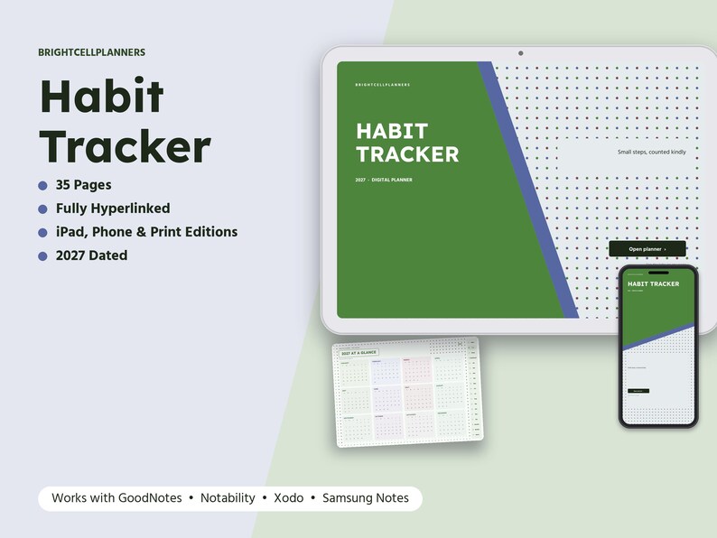 May include: A digital habit tracker planner featuring 35 pages, fully hyperlinked, dated for 2027, and compatible with iPad, phone, and print editions. The interface displays green and white layouts with dot grids and text reading Habit Tracker.