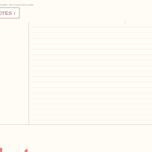 May include: A digital planner page titled Notes 1 with a left-hand navigation sidebar containing tabs for Index, School Info, Supplies, Countdown, Weekly, Lunches, Carpool, Homework, Forms, and Notes. The page features lined writing space.