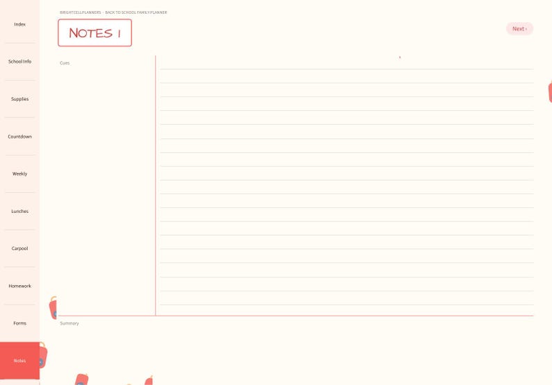 May include: A digital planner page titled Notes 1 with a left-hand navigation sidebar containing tabs for Index, School Info, Supplies, Countdown, Weekly, Lunches, Carpool, Homework, Forms, and Notes. The page features lined writing space.