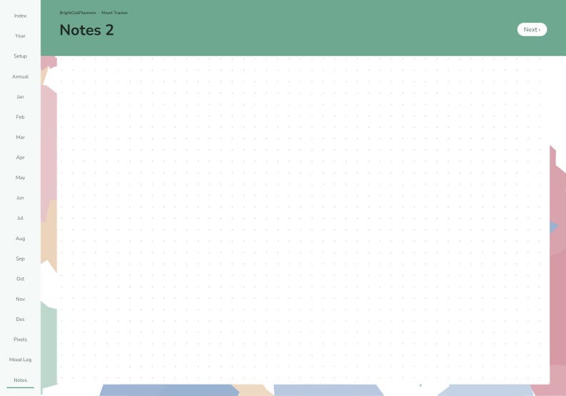 May include: A digital planner page titled Notes 2 with a white dot grid background. The interface features a green header, a left-hand navigation sidebar with month labels, and a Next button in the top right corner.