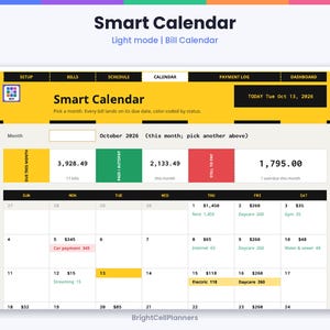 K&ouml;nnte beinhalten: Eine digitale Smart Calendar-Oberfl&auml;che im hellen Modus mit einem Dashboard zur Rechnungsverfolgung. Das Layout enth&auml;lt Registerkarten f&uuml;r Einrichtung, Rechnungen, Zeitplan, Kalender, Zahlungsprotokoll und Dashboard mit einer Monatsansicht f&uuml;r Oktober 2026.