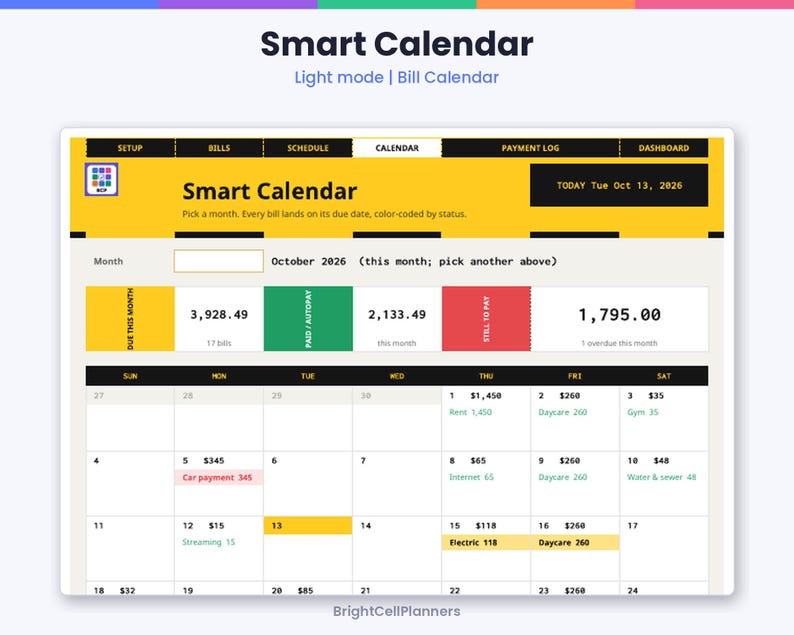 K&ouml;nnte beinhalten: Eine digitale Smart Calendar-Oberfl&auml;che im hellen Modus mit einem Dashboard zur Rechnungsverfolgung. Das Layout enth&auml;lt Registerkarten f&uuml;r Einrichtung, Rechnungen, Zeitplan, Kalender, Zahlungsprotokoll und Dashboard mit einer Monatsansicht f&uuml;r Oktober 2026.