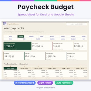 Puede incluir: Una hoja de c&aacute;lculo digital Paycheck Budget para Excel y Google Sheets de BrightCellPlanners. La interfaz muestra datos financieros que incluyen patrimonio neto, ahorros y una l&iacute;nea de tiempo de pagos con columnas de gastos.