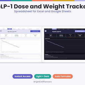 May include: A digital GLP-1 Dose and Weight Tracker spreadsheet for Excel and Google Sheets. The display shows two versions of a dashboard titled My GLP-1 Journey, one in light mode and one in dark mode, featuring weight loss line graphs.