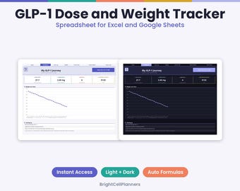 Pode incluir: Uma planilha digital de rastreamento de dose e peso GLP-1 para Excel e Google Sheets. A tela mostra duas versões de um painel intitulado My GLP-1 Journey, em modo claro e escuro, com gráficos de linha de perda de peso.