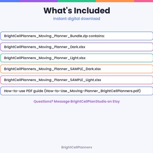 May include: A digital download information graphic titled What's Included. It lists the contents of the BrightCellPlanners_Moving_Planner_Bundle.zip file, including four Excel files and one PDF guide, with contact instructions for BrightCellPlanStudio.