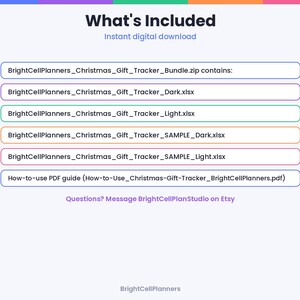 Puede incluir: Un gr&aacute;fico de informaci&oacute;n de descarga digital titulado What's Included. Enumera el contenido del archivo BrightCellPlanners_Christmas_Gift_Tracker_Bundle.zip, incluidos cuatro archivos de Excel y una gu&iacute;a en PDF, con instrucciones de contacto.