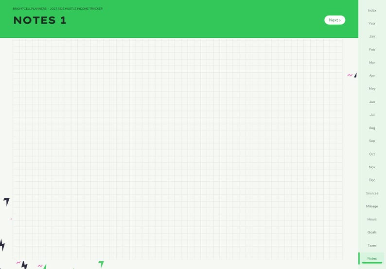 Puede incluir: Una p&aacute;gina de planificador digital titulada NOTES 1 con un encabezado verde y un fondo de cuadr&iacute;cula blanca. El lado derecho presenta una barra de navegaci&oacute;n vertical con meses y categor&iacute;as. Peque&ntilde;os iconos de rayos aparecen en la esquina inferior izquierda.