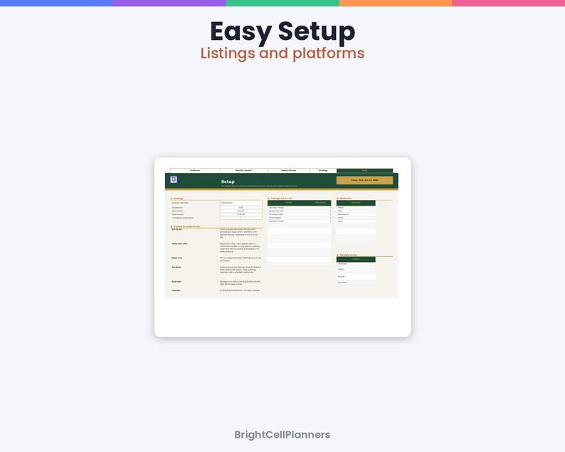 May include: A digital interface titled Easy Setup Listings and platforms featuring a dark green header and a light beige background. The screen displays a setup form with fields for settings, platform tags, and inventory, with BrightCellPlanners at the bottom.