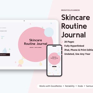 May include: A digital Skincare Routine Journal displayed on a tablet and smartphone screen. The design features a large pink circle, pastel water drop icons, and the text Skincare Routine Journal, 20 Pages, Fully Hyperlinked, and more.