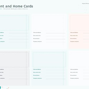 May include: A digital planner page titled Client and Home Cards with six rectangular sections for notes. Each section includes lines for client and address, entry code or key, pets and alarm, and frequency and price. The layout features pastel colors.