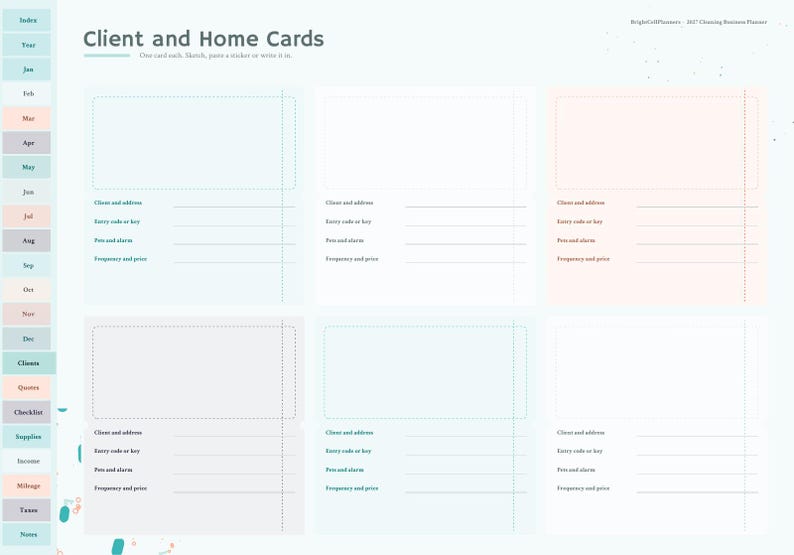 May include: A digital planner page titled Client and Home Cards with six rectangular sections for notes. Each section includes lines for client and address, entry code or key, pets and alarm, and frequency and price. The layout features pastel colors.