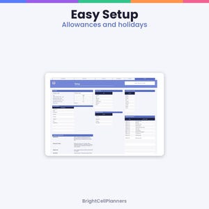 Op de afbeelding: Een digitale planner-interface getiteld Easy Setup Allowances and holidays door BrightCellPlanners. Het scherm toont een blauw-witte lay-out met diverse invoervelden, tabellen en kolommen voor het organiseren van financi&euml;le gegevens en datums.