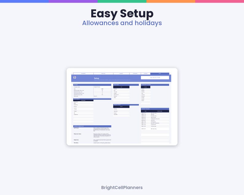 Op de afbeelding: Een digitale planner-interface getiteld Easy Setup Allowances and holidays door BrightCellPlanners. Het scherm toont een blauw-witte lay-out met diverse invoervelden, tabellen en kolommen voor het organiseren van financi&euml;le gegevens en datums.
