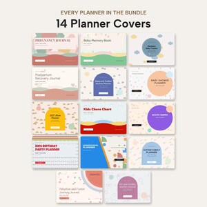 Puede incluir: Una colecci&oacute;n de 14 portadas de planificadores con varios t&iacute;tulos incluyendo Pregnancy Journal, Baby Memory Book, Newborn Baby Tracker, Postpartum Recovery Journal, Sleep and Toddler Routine Planner, Baby Shower Planner, 2027 Mom Planner, Kids Chore Chart, My Kids Journal, Kids Birthday Party Planner, Homeschool Planner, Autism Family Planner, Adoption and Foster Journey Journal, e IVF and Fertility Journey Journal.