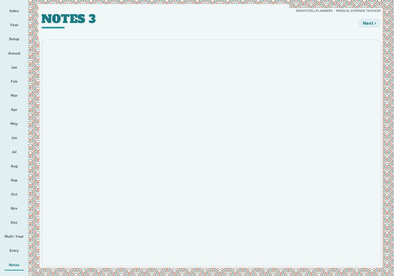 May include: A digital planner page titled NOTES 3 with a light background and a decorative border. The left sidebar lists navigation tabs including Index, Year, Setup, Annual, and months from Jan to Dec, plus Multi-Year, Entry, and Notes.