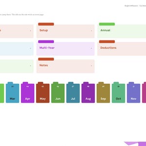May include: A digital planner index page titled Index with sections for Year at a glance, Setup, Annual, Tax Form, Multi-Year, Deductions, Mileage, and Notes. A row of twelve colored monthly tabs labeled Jan through Dec is displayed below.